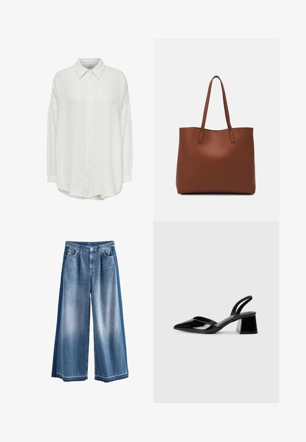 Balta, raukšlėta marškinėlių palaidinė su apykakle, turinti ilgas rankoves ir laisvą siluetą, tekstūruotas audinys ir mygtukų užsegimas priekyje.; Plati džinsiniai kelnes šviesiai iki vidutinės mėlynos spalvos, su išblukusiu apdaila, tradicinėmis kišenėmis ir mygtukų užsegimu. Tvirti medvilniniai audiniai.; Juodos lakuotos odinės šlepetės su smailiu pirštu ir geometriniu bloko kulnu. Turi elegantišką, minimalistinį dizainą ir lygų paviršių.; Ruda odinė priekabų krepšys su glotnia tekstūra, atviru viršumi ir dviem petnešomis. Su minimalia siuvimo detalėmis ir nematoma aparatūra.