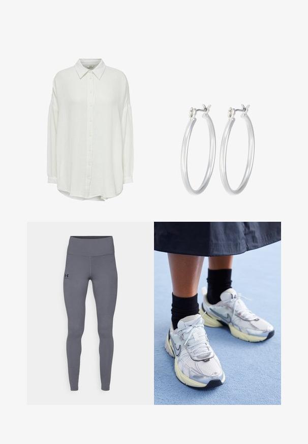 Weißes, zerknittertes Hemd mit Kragen, langen Ärmeln und lockerer Passform, aus strukturiertem Stoff und mit Knopfverschluss auf der Vorderseite.; Graue Sportleggings aus glattem, dehnbarem Material. Hoher Taillenbund und eng anliegende Beine. Schwarzes Logo auf der linken Hüfte. Keine sichtbaren Nähte.; Weiße und silberne Nike-Sneaker aus Mesh-Gewebe, mit reflektierenden Akzenten und einer beigen Sohle. Getragen mit schwarzen Socken und stehend auf einer blauen Fläche.; Silberne Creolen mit einer glatten, polierten Oberfläche. Runder Form und sicherem Klickverschluss. Leichtes Design, geeignet für den täglichen Gebrauch.