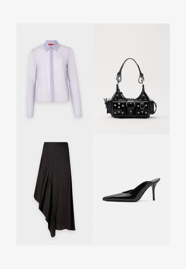 Lichtpaarse, lange mouwen shirt van sheer stof met een klassieke kraag, knoopsluiting aan de voorkant en een subtiele textuur.; AERON ASTER SKIRT - Kokerrok - black; Zwarte gepatineerde leren hoge hak muiltjes met een spitse neus en een slanke silhouet, met een open achterkant en een slanke stilettohak.; Zwarte lederen handtas met een gebogen ontwerp, voorzien van zilveren studs, een gesp en twee zijvakken. Verstelbare schouderband voor verschillende draagmogelijkheden.; Zilveren oorbellen met een spitse ontwerp; de ene oorbel heeft een C-vorm, verbonden door een ketting aan een ronde hoop met punten.