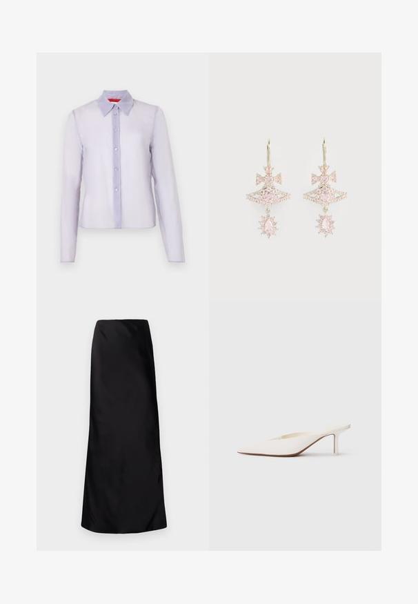 Light purple, long-sleeve shirt made of sheer fabric with a classic collar, front button closure, and subtle texture.; Norma Kamali BIAS OBIE SKIRT - Maxi skirt - black; Pointed-toe white mule with a low stiletto heel. Made of smooth material with a minimalist design and subtle tan sole detail.; Pink gemstone earrings with a bow design, featuring a layered structure and sparkling accents; metal hardware retains a polished finish.