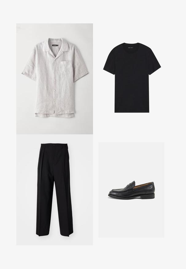 Hemd aus leichtem grauem Leinen mit kurzen Ärmeln, spitzem Kragen, Fronttasche und vier Knöpfen in der Mitte. Glatte Textur, lockere Passform.; Schwarzes Baumwoll-T-Shirt mit kurzen Ärmeln und rundem Ausschnitt. Der Stoff hat eine glatte Textur und ein einfaches, schlichtes Design.; Schwarze, plissierte Hose mit geradem, weitem Bein. Hergestellt aus glattem Stoff, mit Knopfverschluss und Gürtelschlaufen.; Schwarze Leder Slipper mit glatter Oberfläche, runder Spitze und dekorativer Naht auf dem Vorderblatt. Niedriger Blockabsatz und leichter Glanz.