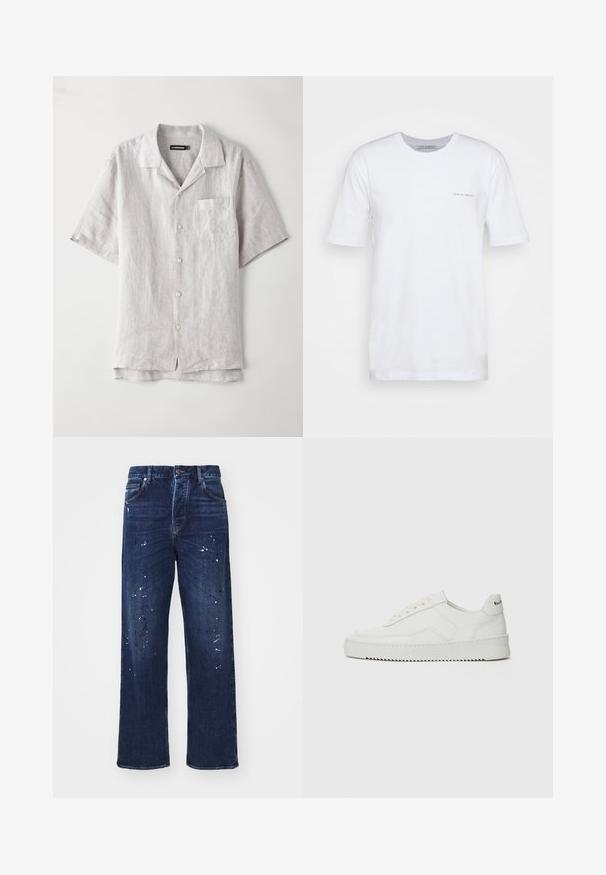 Short-sleeve, light grey linen shirt featuring a pointed collar, front pocket, and four buttons down the center. Smooth texture, relaxed fit.; White short-sleeve T-shirt made of cotton, featuring a crew neck and a small printed logo on the left side. Smooth texture, casual fit.; Dark blue denim jeans featuring a loose fit, straight legs, and white paint splatter detailing on the front. Classic five-pocket design.; White leather sneaker with a smooth finish, round toe, flat laces, and a textured sole. Features a subtle logo on the heel.