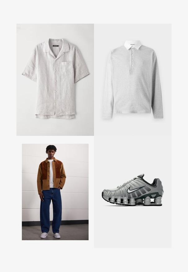 Īsām piedurknēm, gaiši pelēks linu krekls ar norādītu apkakli, priekšējo kabatu un četriem pogām vidū. Gluda tekstūra, brīvas formas.; Gaiši pelēks garo piedurkņu polo krekls, kas izgatavots no mīksta auduma, ar baltu apkakli un četru pogu aizdari. Gluda tekstūra, ikdienišķs dizains.; Vīrietis stāv telpās, ģērbies brūnā korduroja jaciņā ar rūsas pleķiem, baltā T-kreklā, brīvās zilās džinsās un baltās sporta kurpēs.; Pelēki un melni Nike skriešanas apavi ar redzamu atsperveida amortizāciju zem zoles un balto swoosh logo sānos.