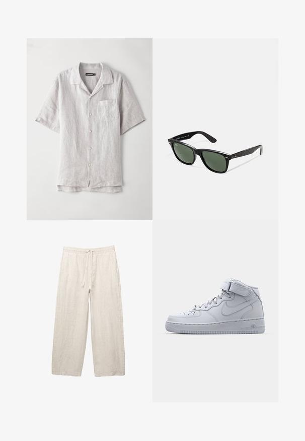 Krátky rukáv, svetlošedá ľanová košeľa s vykrojeným golierom, prednou kapsičkou a štyrmi gombíkmi uprostred. Hladká textúra, voľný strih.; Ľanové nohavice v svetlej béžovej farbe, s elastickým pásom na šnúrku, širokým strihom a bočnými vreckami. Hladká textúra.; Vysoké šedé tenisky Nike Air Force 1 s koženým zvrškom, polstrovaným golierom a suchým zipsom. Ikonický dizajn má perforovanú špičku.; Čierne plastové slnečné okuliare so zelenými šošovkami, štvorcové rámy, strieborný akcent na obočí a textúrované ramenné opierky. Brand uvedený na vnútornej strane ramien.