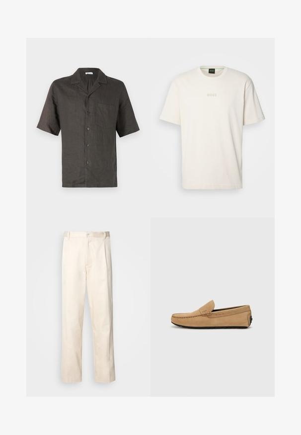 Tīsa ar īsām piedurknēm, ar apkakli, tumši pelēkā linā, ar krūšu kabatu un priekšējo pogu aizdari. Gluda tekstūra, brīvs piegriezums.; BOSS TEE - Pamata T-krekls - open white; Bežā krāsā auduma bikses ar taisnu kāju griezumu, pievienotām pogu aizdares un priekšējiem krokām papildu detaļām.; Beidzīgas zamšas mokasīni ar izšūtu purngali, pieslīdēšanas dizains un melna gumijas zole. Satur nedaudz pamanāmu zīmolu uz sāna.
