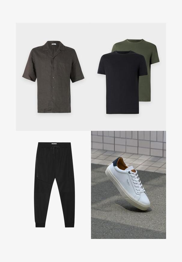 Košeľa s krátkym rukávom a golierom v tmavosivej ľanovej látke, s náprsnom vreckom a predným zapínaním na gombíky. Hladká textúra, voľný strih.; Dvé tričká s okrúhlym výstrihom v čiernej a olivovej zelenej farbe, vyrobené z mäkkej bavlnenej látky. Dizajn je jednoduchý s krátkymi rukávmi a rovný strih.; Čierne športové nohavice z texturovanej tkaniny, so nastaviteľným pásom, bočným vreckom na zips a zúženými manžetami.; Biele kožené tenisky s námorníckym opätkom, okrúhlou špičkou a kontrastnými hnedými akcentami. Majú ploché šnúrky a textúrovanú gumovú podrážku.