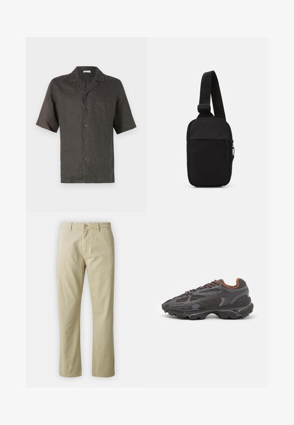 Lyhythihainen, kauluksellinen paita tummanharmaasta pellavasta, jossa on rintatasku ja etupainonappi. Sujuva rakenne, rento istuvuus.; Beige puuvillahousut suoran lahkeen muotoilulla, etupainike sulkeminen ja vyölenkit. Sileä pinta, ei näkyviä kuvioita tai yksityiskohtia.; Lacoste-tennar i mörkgrått med nät- och syntetmaterial, med en texturerad sula och bruna accenter på kragen och märket.; Musta olkalaukku, joka on valmistettu kestävästä kankaasta. Laukussa on yksi säädettävä olkahihna, vetoketjulla suljettava pääosasto ja etutasku.