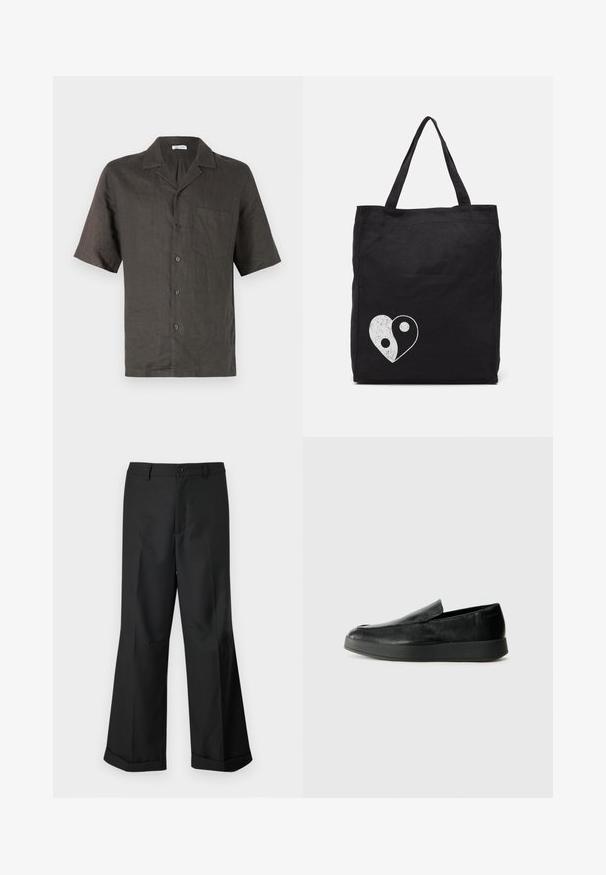 Košeľa s krátkym rukávom a golierom v tmavosivej ľanovej látke, s náprsnom vreckom a predným zapínaním na gombíky. Hladká textúra, voľný strih.; Čierne nohavice s širokými nohavicami a gombíkovým pásom, s manžetami na koncoch, vystavené na jednoduchom bielom pozadí.; Calvin Klein HYBRID CUP - Našuchovačky - triple black; Čierna taška z plátna s bielou grafikou srdca v tvare yin-yang. Dva pevné uchá pre jednoduché nosenie. Jednoduchý obdĺžnikový dizajn.
