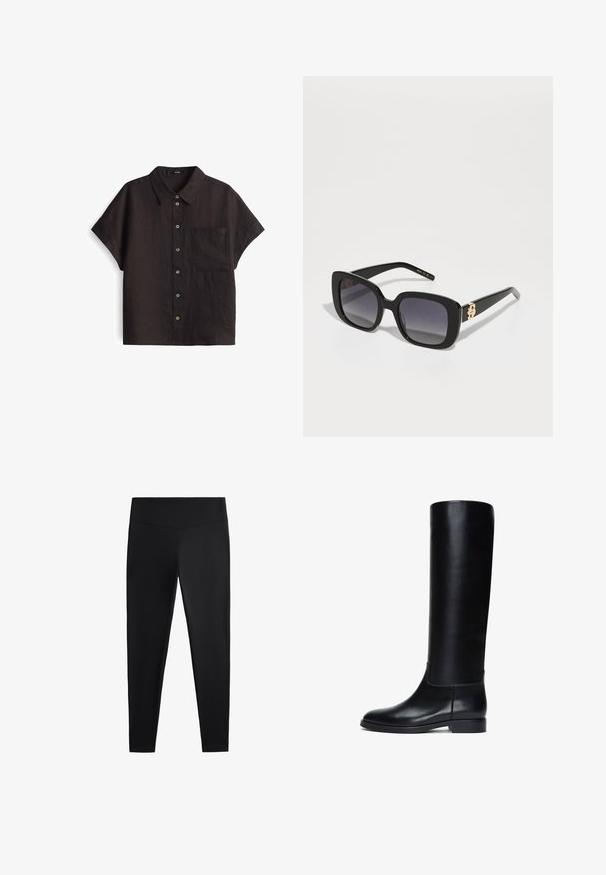 Black linen short-sleeve shirt with a button-down front, featuring a single chest pocket and contrasting button colors.; Black leggings made of smooth, stretchy fabric. Features a wide waistband and tapered leg design, suitable for active or casual wear.; Black leather knee-high boots with a smooth finish, rounded toe, and a low block heel. Features clean lines and minimalistic design.; BOSS Sunglasses - black; Black leather tote bag with a pebbled texture, structured shape, dual handles, and silver hardware accents on the sides.