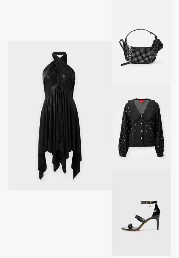 Zwarte jas met een ronde kraag, franjerand, parelachtige versieringen, ruitpatroon en knoopsluiting aan de voorkant. Lange mouwen met gathered manchet.; Zwarte halterjurk met een gedrapeerd ontwerp. Gemaakt van glanzend materiaal, voorzien van een gedraaide halslijn en een asymmetrische zoom. Soepele textuur.; Zwarte gepatineerde leren sandaal met drie banden, enkelgesp en 10 cm hoge stiletto hak. Bevat gouden hardwaredetails en een logo charm.; Zwarte handtas met studded embellishments, een kettingriem en een soepel leren handvat, met een afgeronde vorm en een ritscompartiment.