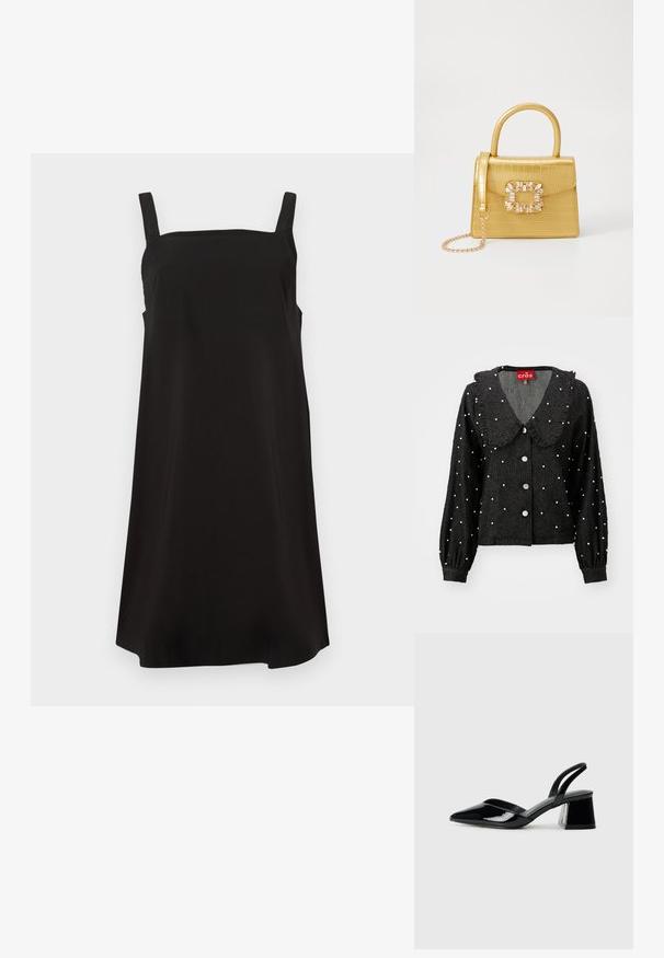 Fekete dzseki lekerekített gallérral, fodros részletekkel, gyöngyszerű díszítéssel, gyémántmintázattal és gombos elülső záródással. Hosszú ujjak, ráncolt mandzsettával.; Fekete ujjatlan ruha négyzetes nyakkivágással, sima anyagból készült, laza fazonú és egyenes szabású. Nincsenek látható minták vagy díszítőelemek.; Fekete lakk bőr szandálkés magas sarkú cipő, hegyes orral és geometrikus tömbsarkakkal. Karcsú, minimalista dizájn és sima textúra jellemzi.; Sárga műbőr krokodil mintás kézitáska strukturált kialakítással, felső fogantyúval, leválasztható lánccal és díszes kristály díszítéssel a záron.