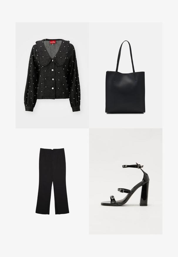 Schwarze Jacke mit rundem Kragen, Rüschendetails, perlenähnlichen Verzierungen, Diamantmuster und Knopfleiste. Lange Ärmel mit gerafften Manschetten.; Schwarze Hose mit geradem Schnitt, ausgestattet mit Fronttaschen und Seitenschlitzen am Saum. Hergestellt aus weichem, glattem Stoff. Geeignet für verschiedene Anlässe.; Schwarze patentierte Sandalen mit Absatz, quadratischer Spitze, Knöchelriemen und silbernen Schnallen. Mit einem stabilen Blockabsatz für mehr Stabilität.; Schwarze Laptoptasche aus Leder mit glatter Textur, rechteckiger Form und zwei langen Griffen. Keine sichtbaren Beschläge oder Verzierungen.