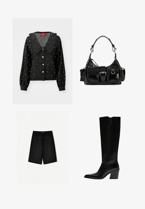 Giacca nera con colletto arrotondato, dettagli con volant, decorazioni simili a perle, motivo a diamante e chiusura frontale con bottoni. Maniche lunghe con polsini arricciati.; Shorts in denim nero con una vestibilità comoda, dotati di una vita tradizionale, tasche frontali e un taglio dritto che termina appena sopra il ginocchio.; Stivali neri al ginocchio in pelle liscia, con punta appuntita, tacco a blocco e un'apertura a forma di V nella parte superiore.; Borsa a mano in pelle nera con finitura lucida, dotata di una fibbia centrale, due tasche frontali e una tracolla corta.