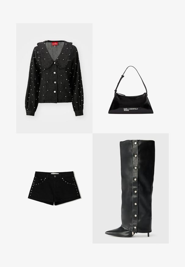 Fekete dzseki lekerekített gallérral, fodros részletekkel, gyöngyszerű díszítéssel, gyémántmintázattal és gombos elülső záródással. Hosszú ujjak, ráncolt mandzsettával.; Fekete farmer rövidnadrág gombos záródással, fém szegecsekkel az elülső zsebeknél és az oldalsó varrásoknál. Rövid szabás és klasszikus fazon.; Fekete bőr, magas sarkú csizmák, amelyek illeszkedő kialakítással, hegyes orral és ezüst színű patentgombokkal rendelkeznek az oldalukon.; Fekete lakkbőr kézitáska, háromszögletű formával, felső cipzárral és állítható pánttal. "KARL LAGERFELD JEANS" felirat ezüst színben.