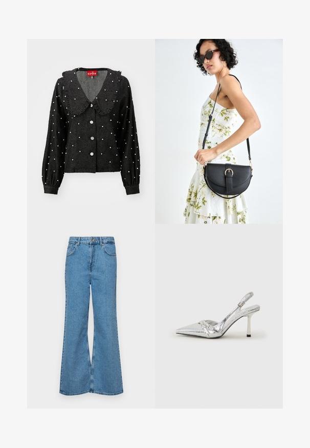 Black jacket with a rounded collar, frill detail, pearl-like embellishments, diamond pattern, and button front closure. Long sleeves with gathered cuffs.; Light blue flared jeans made of denim, featuring a high waist, five pockets, and a single button closure. Soft texture with faded finish.; Silver slingback high heel shoe with a pointed toe, metallic finish, two decorative straps, and a slender heel with a black tip.; Black leather handbag with a curved shape, detachable strap, and gold hardware. The bag features a flap with a buckle detail.