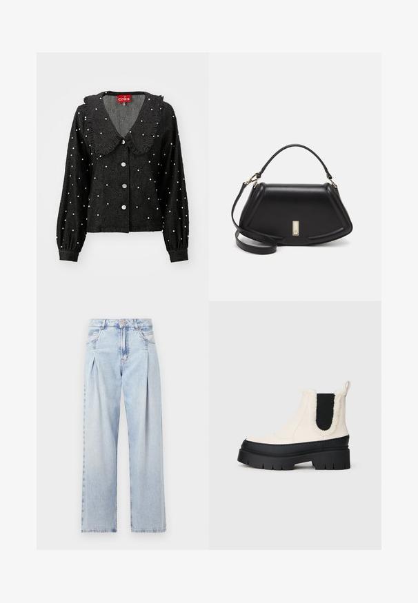 Svart jacka med rundad krage, volangdetalj, pärlliknande utsmyckningar, diamantmönster och knäppning framtill. Långa ärmar med rynkade manschetter.; Ljust blå denimjeans med hög midja, vida ben, två sidofickor och veckad design. Mjuk textur med en blekt finish.; Tjocka plattform ankle boots med vit ovandel, svart gummisula och kontrasterande svarta elastiska sidopaneler. Konstgjord päls trim vid toppkanten.; Svart läderhandväska med en strukturerad design, som har en avskuren form, ett handtag upptill och guldiga detaljer. Justerbar axelrem ingår.