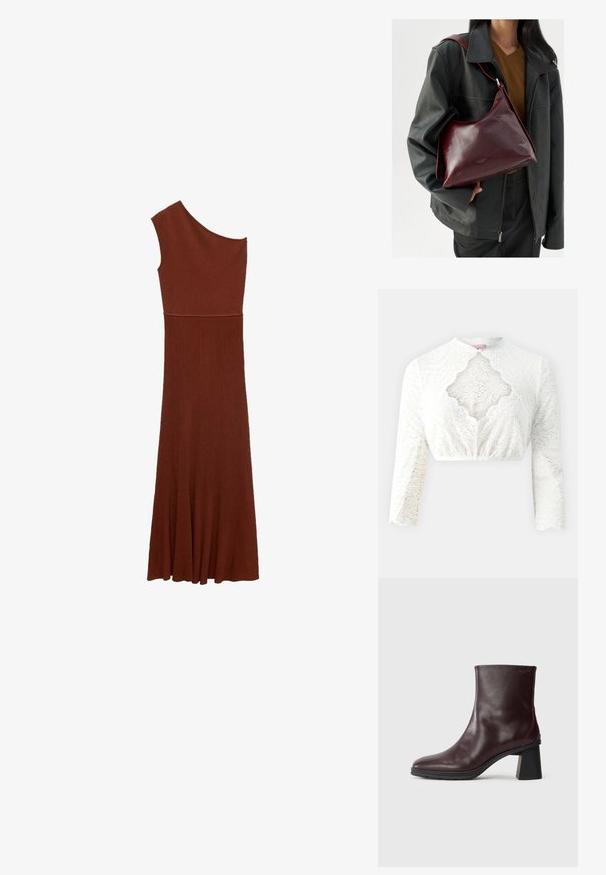 Hvid blonde crop top med høj krave, lange ærmer, scalloped kant og en nøglehuludskæring fortil. Mønstret med teksturerede blomster.; Asymmetrisk brun ribbet kjole med design over én skulder; tætsiddende overdel, der breder sig til en bred nederdel. Glat tekstur hele vejen igennem.; Mørkebrun læder ankelstøvle med blokhæl og rund tå, vist på en ensfarvet lys grå baggrund.; Person iført en sort læderjakke og en brun top, som holder en mørkerød læder skuldertaske med sølv spænde.