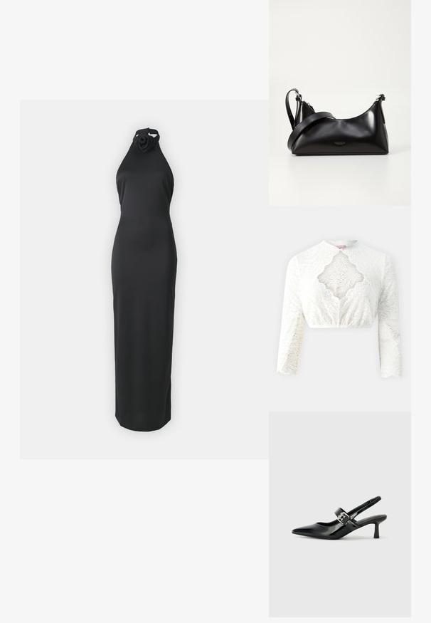 Hvid blonde crop top med høj krave, lange ærmer, scalloped kant og en nøglehuludskæring fortil. Mønstret med teksturerede blomster.; Sort halterneck-kjole med en tætsiddende silhuet, der har en rose-detalje ved halsudskæringen. Lavet af glat stof, ankel-længde design.; Sorte laker slingback hæle med spids tå og en lille blokhæl, med en sølvspændeaccent på remmen.; Sort læderhåndtaske med en glat tekstur. Har en justerbar stropp og et enkelt, minimalistisk design med lynlås.