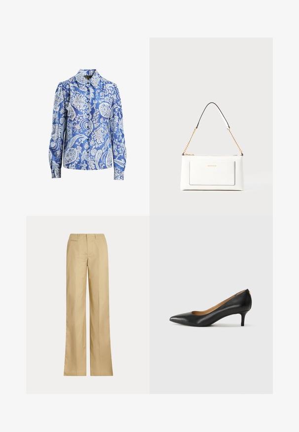 Blusa in seta blu a motivo, con un design floreale paisley, maniche lunghe, chiusura con bottoni e colletto classico.; Pantaloni beige a gamba larga realizzati in cotone morbido, con una vita classica e una tasca sul retro, presentano una linea dritta e dettagli minimi.; Décolleté in pelle nera con punta affilata, tacco basso e texture liscia. Presenta un leggero apertura sulla parte anteriore e hardware minimale sul retro.; Borsa a tracolla bianca in pelle con un finish testurizzato, dotata di una tracolla in catena dorata e accenti neri. Include una tasca frontale e una chiusura con zip.