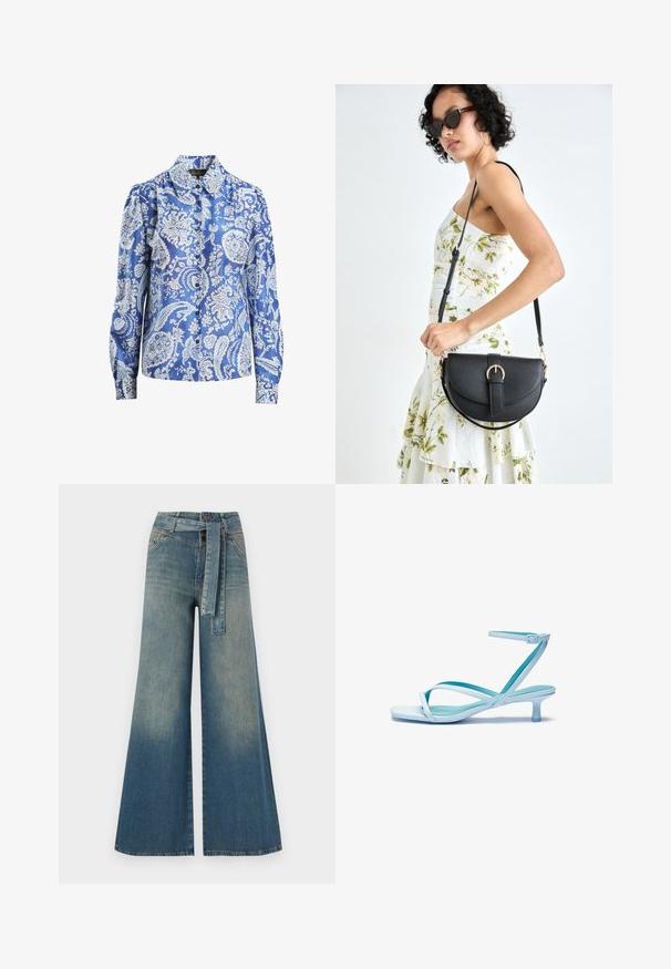 Blue patterned blouse in silk, featuring a floral paisley design, long sleeves, button closure, and a classic collar.; Wide-leg denim trousers featuring a light to dark blue gradient, high waist, belt loops, and a matching fabric belt. Textured denim finish.; Light blue strappy sandal with a square toe, low heel, adjustable ankle strap, and smooth, glossy finish. Crossed straps on the footbed.; Black leather handbag with a curved shape, detachable strap, and gold hardware. The bag features a flap with a buckle detail.