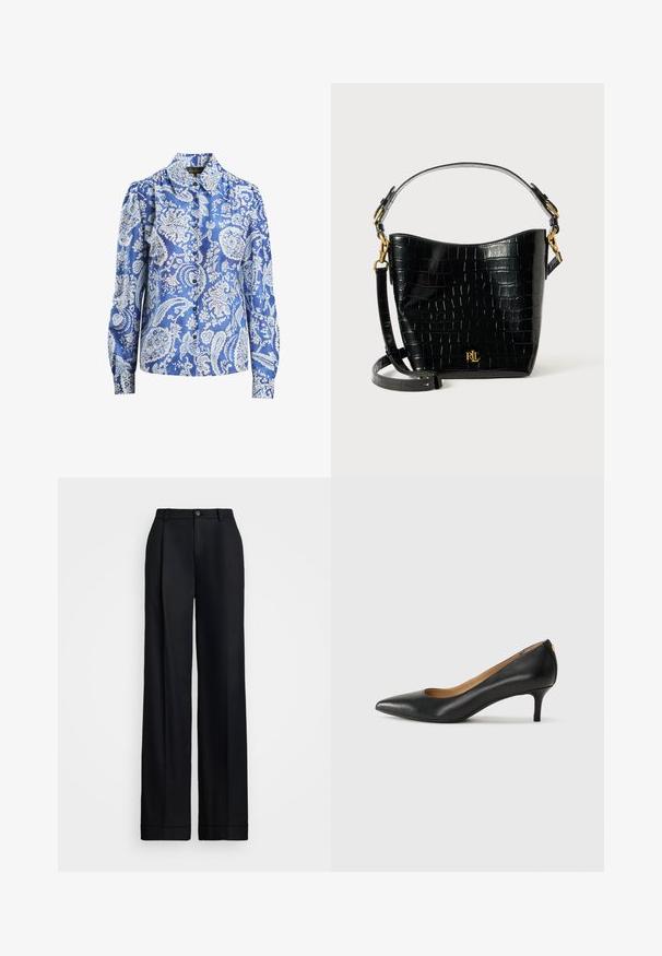 Niebieska bluzka z jedwabiu w wzór, z kwiatowym paisley, długimi rękawami, zapięciem na guziki i klasycznym kołnierzykiem.; Czarne spodnie wide-leg z gładkim wykończeniem, płaskim przodem, szlufkami na pasek i pojedynczym zapięciem na guzik w talii.; Czarne skórzane szpilki z wąskim noskiem, niskim obcasem i gładką fakturą. Posiadają lekko otwarte przody i minimalne okucia z tyłu.; Czarna torba ze skóry z tłoczeniem w krokodylą skórę o zaokrąglonym kształcie, z akcentami ze złotego metalu, regulowanym paskiem oraz detalem logo z przodu.