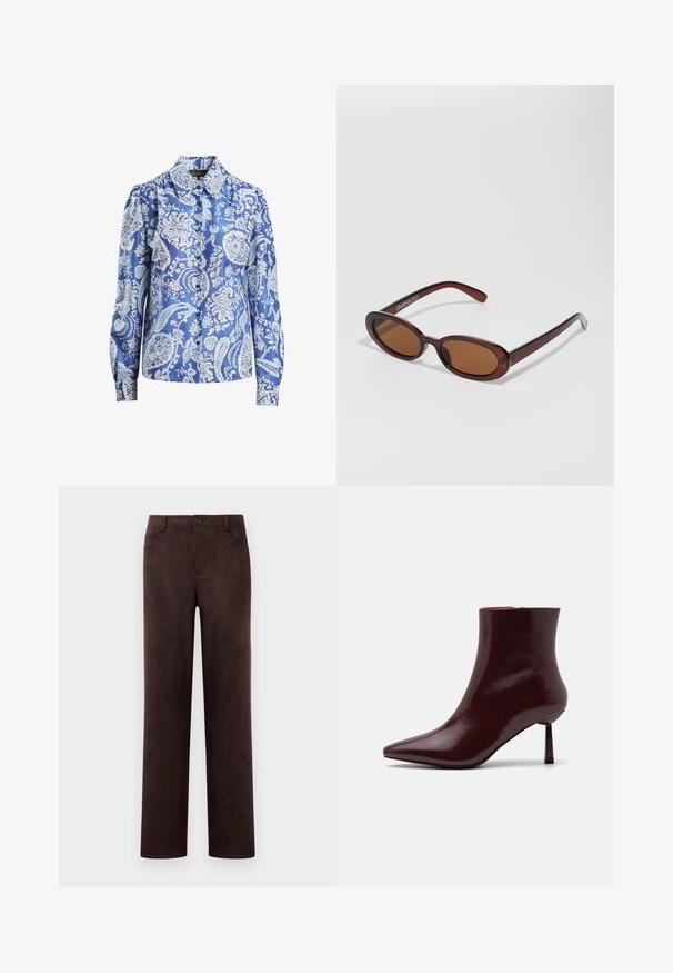 Blusa in seta blu a motivo, con un design floreale paisley, maniche lunghe, chiusura con bottoni e colletto classico.; Pantaloni in suede marrone scuro a gamba dritta con chiusura anteriore a bottone e zip, passanti per cintura e tasche laterali.; Stivale alla caviglia in pelle laccata bordeaux con punta affusolata e tacco stiletto sottile, caratterizzato da una texture liscia e lucida e da un design minimalista.; Occhiali da sole rotondi con tonalità marrone, montatura lucida color bordeaux. Aste sottili con un sottile dettaglio del marchio. Design delle lenti piatte.; Borsa intrecciata color bordeaux con forma arrotondata e manico singolo, dotata di una superficie testurizzata e chiusura a coulisse elastica.