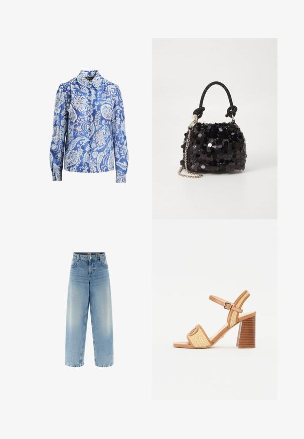 Zila ziedu paisley raksta blūze no zīda, ar garām piedurknēm, pogu aizdari un klasisku apkakli.; Platas kājas zili džinsi ar augstu vidukli, gaišu mazgāšanu, vieglu izbalēšanu, dubultšuvēm un pogu aizdari priekšpusē.; Brūni ādas un austu salmu papēžu sandales ar potīšu siksniņu, atvērtu purngalu un masīvu koka izskata papēdi ar horizontālām svītrām.; Melna spīguļota mini rokas soma ar mezglotu teksturētu siksniņu un sudraba ķēdi. Apaļa forma ar sakopotām malām un atstarojumu detaļām.