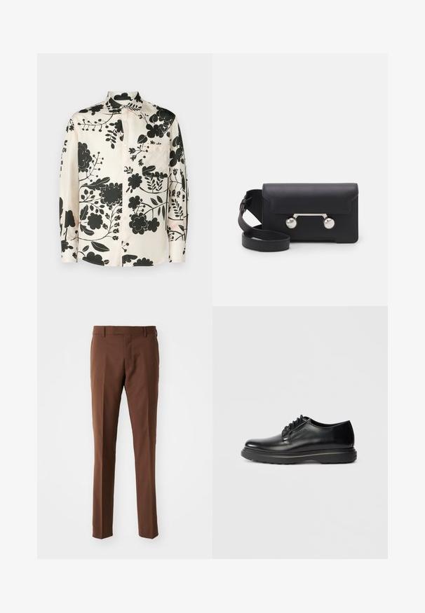 Paul & Joe UPETRA - Camicia - ecru; Pantaloni marroni su misura con una linea frontale piatta, design a gamba dritta, texture liscia e passanti per la cintura. Nessun motivo visibile o dettagli hardware.; Scarpa Oxford in pelle nera con lacci e suola spessa, con "WATERMAN" impresso sul lato, mostrata di profilo su uno sfondo grigio chiaro.; Borsa a tracolla in pelle nera con chiusura a patta, hardware in tonalità argento e due accenti tondi. Dotata di una tracolla removibile. Texture liscia.