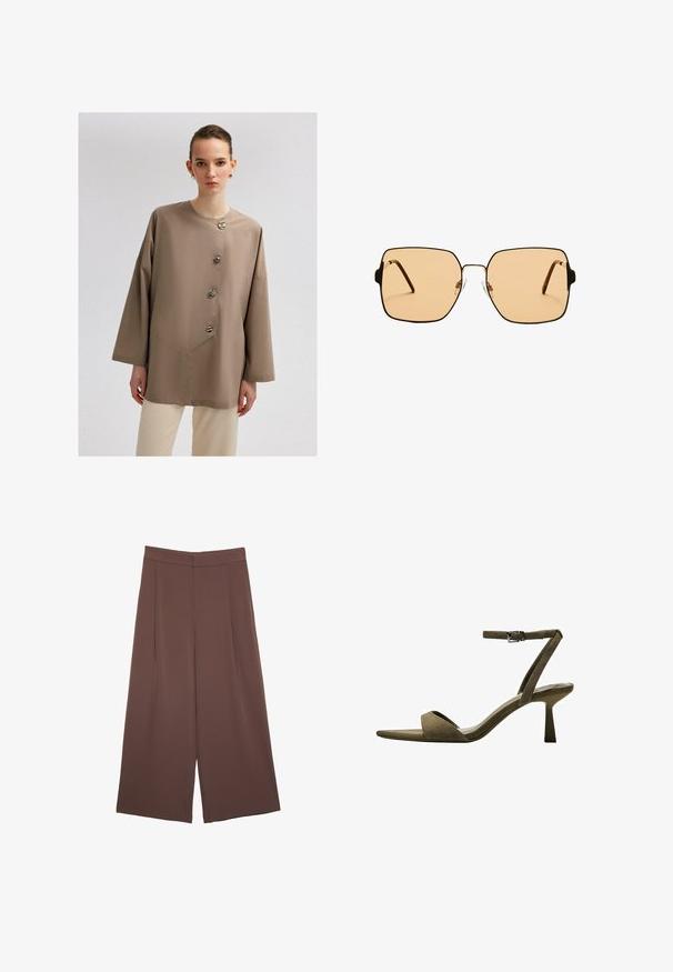 Beige Button-Up-Shirt im Beanie-Stil mit großen Knöpfen, rundem Ausschnitt und weiten Ärmeln, gefertigt aus weichem, glattem Material.; Braune Weite-Leg-Hosen mit einer glatten Textur, hoher Taille und Vorderfalten. Der Stoff ist leicht und fällt locker.; Bershka WITH ANKLE STRAP - Riemensandalette - mottled green; Quadratische Sonnenbrillen mit braunen Gläsern und einem dünnen schwarzen Metallrahmen. Verfügt über schräg gestaltete Bügel und verstellbare Nasenpads für zusätzlichen Komfort.
