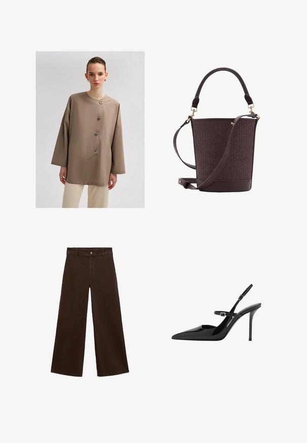 Koszula zapinana na guziki w stylu beanie w odcieniu beżowym, z dużymi guzikami, okrągłym dekoltem i szerokimi rękawami, wykonana z miękkiego, gładkiego materiału.; Brązowe spodnie o szerokich nogawkach z mieszanki bawełny, z postrzępionym dołem, przednim zapięciem na guzik i klasycznym pięciopocketowym wzorem. Minimalistyczne i uniwersalne.; Czarne lakierowane szpilki slingback z ostrym noskiem, regulowanym paskiem i obcasem w kształcie stiletto. Gładka powierzchnia o błyszczącym wykończeniu.; Brązowa pleciona torba typu wiaderko z gładkim skórzanym dnem, górnym uchwytem i regulowanym paskiem na ramię. Posiada złote akcenty sprzętowe.