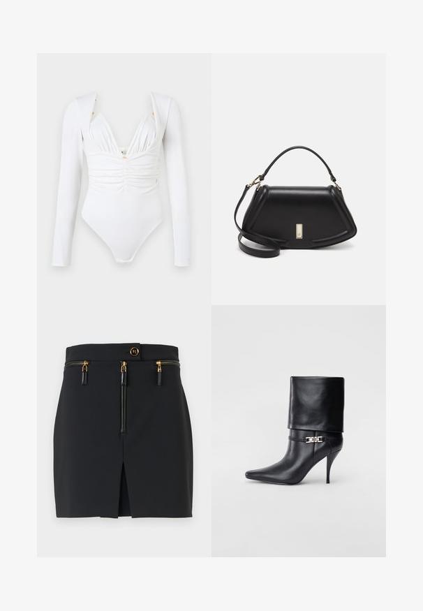 Body a maniche lunghe bianco con scollatura a V profonda, davanti arricciato e sottili decorazioni dorate sulle spalle. Tessuto liscio e elasticizzato.; Gonna mini nera con vestibilità strutturata, dotata di dettagli in metallo dorato, due tasche con zip e uno spacco frontale per un tocco in più.; Stivale ankle in pelle nera con punta affusolata, alto tacco a stiletto, risvolto sulla caviglia e un elegante dettaglio in oro con fibbia decorativa.; Borsa a mano in pelle nera con un design strutturato, caratterizzata da una forma corta, manico superiore e accessori in metallo dorato. Inclusa tracolla regolabile.