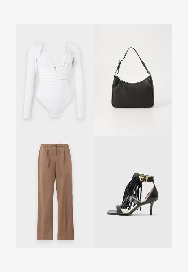 Long-sleeve white bodysuit with ruched front, deep V-neckline, and subtle golden embellishments at the shoulders. Smooth, stretchy fabric.; Brown, wide-leg trousers with an elastic waistband and a button closure. Smooth texture with a subtle sheen and no visible patterns.; Black high-heeled sandal with fringed detail, ankle strap featuring gold hardware, flat square toe, and two crossing straps across the vamp.; Black leather handbag with a curved shape, a single strap, zip closure, and subtle branding on the front. Smooth texture, minimalist design.
