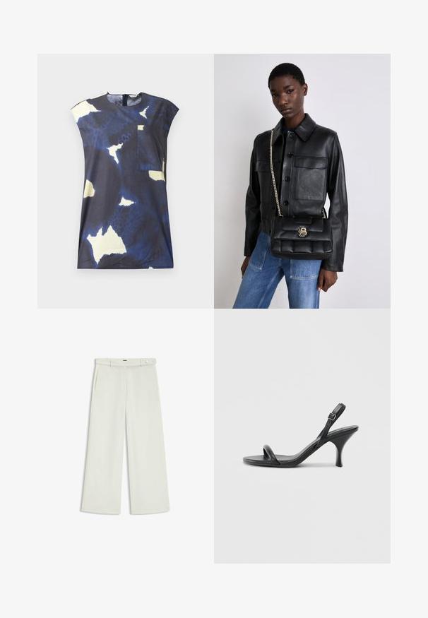Marinblå topp med abstrakta ljusgula och vita mönster. Har en rund halslinning och en liten lappficka på framsidan.; Vita byxor i ljus krämig tyg, med sidofickor, platt fram och en enda knappstängning vid midjan. Slät struktur.; Svarta läder högklackade sandaler med en smal, böjd klack och ett korsat remdesign. Justerbar ankelrem. Slät textur.; Svart läderjacka med knappstängning och två framfickor, i kombination med en svart vadderad handväska med ett guldspänne och kedjerem.