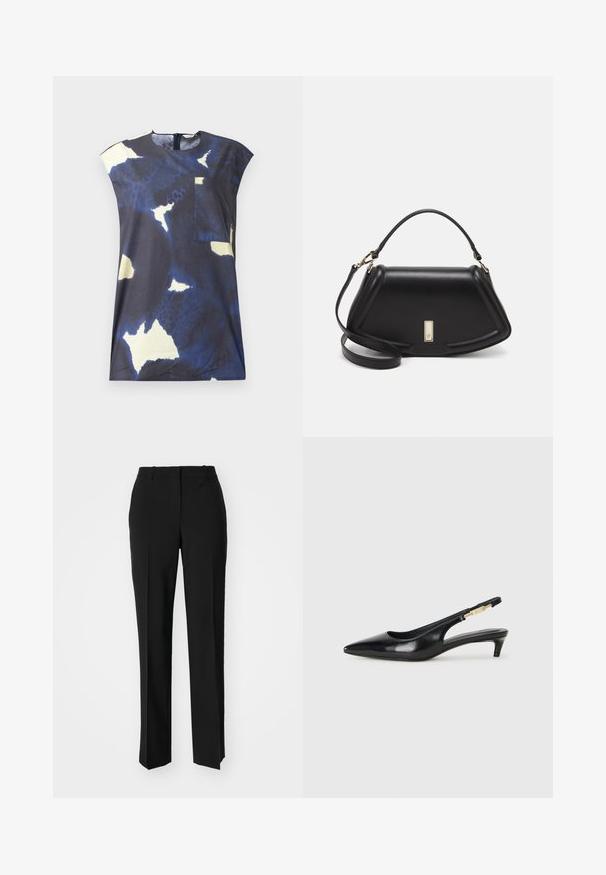 Marinblå topp med abstrakta ljusgula och vita mönster. Har en rund halslinning och en liten lappficka på framsidan.; Svarta skräddarsydda byxor med rak benform, med en slät yta och skarpa veck fram. Ingen synlig hårdvara.; Svart läder slingback-hälar med spetsig tå, med en smal klack och en guldtonad detalj på den justerbara remmen. Slät textur.; Svart läderhandväska med en strukturerad design, som har en avskuren form, ett handtag upptill och guldiga detaljer. Justerbar axelrem ingår.