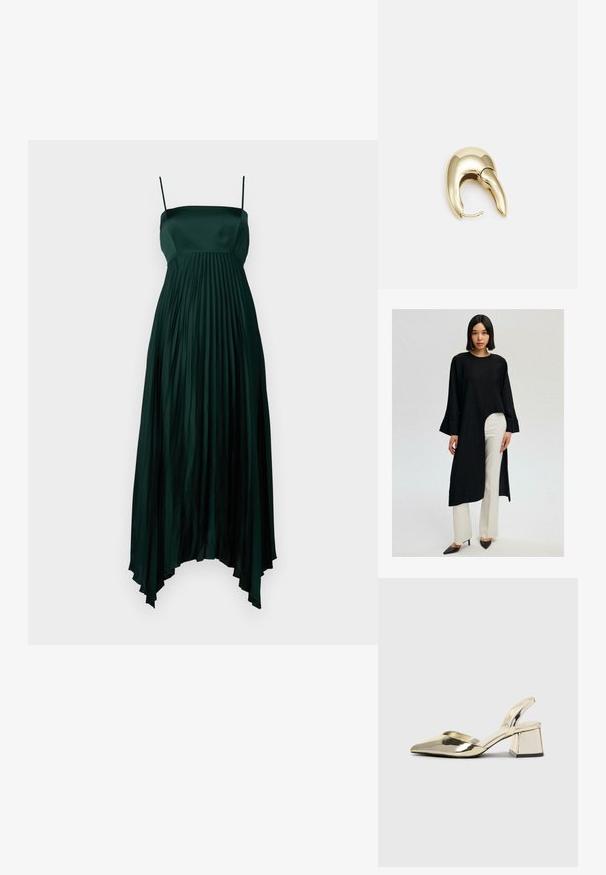 Tunic neagră cu mâneci lungi și hem asimetric, asortată cu pantaloni albi evazați. Întreaga ținută are o croială lejeră și este realizată dintr-un material moale.; Rochie de satin verde închis cu bretele subțiri, având un design plisat și un tiv asimetric. Textură netedă și fluidă pe tot parcursul.; Pantofi cu toc slingback metalici aurii, cu vârf ascuțit și toc chunky. Textură netedă, design minimalist și o curea subțire.; Geantă galbenă din faux-crocodil cu un design structurat, mână superioară, curea detașabilă cu lanț și embellisment decorativ cu cristale pe închidere.; Cercei din metal de culoare aurie cu un design elegant și curbat. Prezintă o formă distinctivă, ascuțită, o suprafață lustruită și un sistem de închidere cu balama.