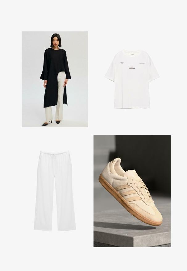 Tunique noire à manches longues avec un ourlet asymétrique, associée à un pantalon large blanc. La tenue présente une coupe décontractée et est fabriquée dans un tissu doux.; T-shirt blanc à manches courtes avec le texte "NOUVEL ARCHIVE" en marron, et des accents de texte supplémentaires en haut à gauche et à droite. Tissu doux.; Pantalons larges blancs en tissu doux, dotés d'une taille élastique avec cordon de serrage et de deux poches latérales. Design simple et épuré.; Sneaker en suède beige clair avec semelle en gomme, trois rayures diagonales et un capuchon de pied texturé. Logo sur la languette et sur le côté.