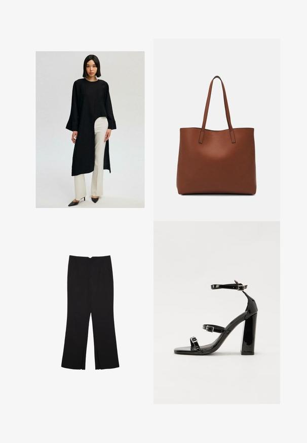 Black long-sleeve tunic with a high-low hem, paired with white wide-leg pants. The outfit features a relaxed fit and is made from a soft fabric.; Black trousers with a straight fit, featuring front pockets and side slits at the hem. Made of soft, smooth fabric. Suitable for various occasions.; Black patent heeled sandals with a square toe, ankle straps, and silver buckles. Features a chunky block heel for stability.; Brown leather tote bag with a smooth texture, open top design, and two shoulder straps. Features minimal stitching and no visible hardware.