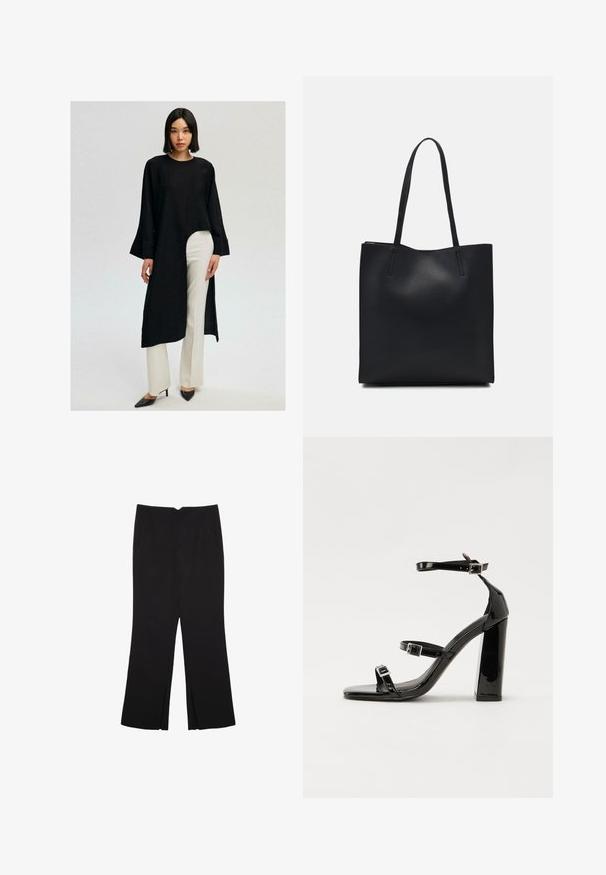 Črna tunika z dolgimi rokavi in visokim-nizkim robom, kombinirana z belimi širokimi hlačami. Obleka ima sproščen kroj in je izdelana iz mehke tkanine.; Črne hlače ravnega kroja z naglavnimi žepi in stranskimi razporki na robu. Narejene iz mehke, gladke tkanine. Primerne za različne priložnosti.; Črne lakirane sandale s peto, kvadratnim prstom, trakovi okrog gležnja in srebrnimi zaponkami. Opremljene so s stabilno Debelo peto.; Črna usnjena torba s svilnato teksturo, pravokotne oblike in dvema dolgima ročajema. Brez vidnih metalnih delov ali okrasnih elementov.