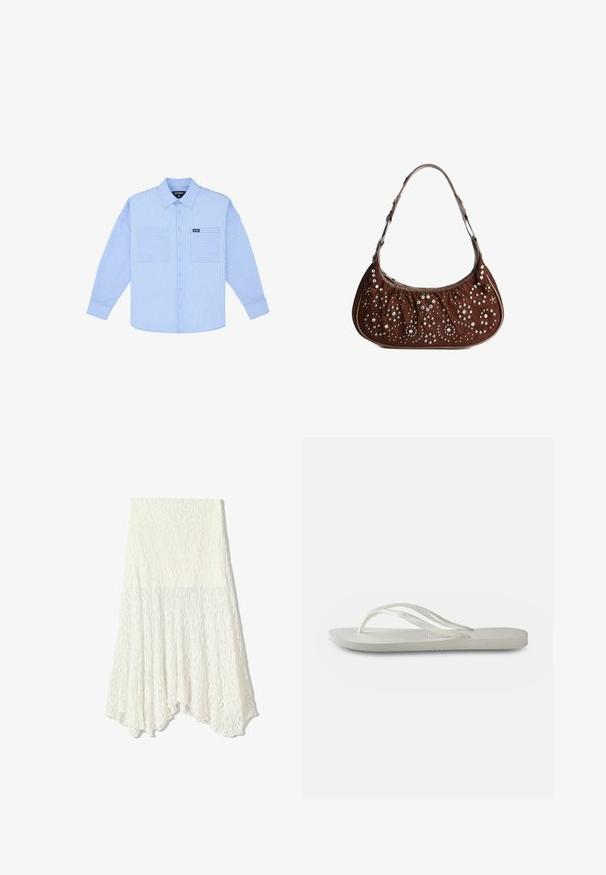 Light blue button-up shirt featuring vertical white stripes, two front pockets, and a classic collar. Made of woven fabric with a soft texture.; White lace skirt with a textured pattern, featuring an asymmetrical hemline and a flowing silhouette, made from lightweight fabric.; White flip-flop with a textured sole, featuring thin straps and a flat design. Made of rubber with a subtle logo on the footbed.; Brown suede shoulder bag with crescent shape, decorated with silver and gold round studs in floral and circular patterns.