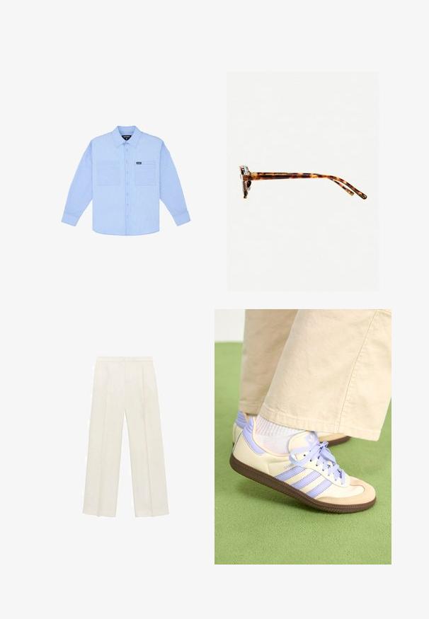 Light blue button-up shirt featuring vertical white stripes, two front pockets, and a classic collar. Made of woven fabric with a soft texture.; Wide-legged trousers in a light cream color. Made from a smooth fabric with pleats at the front and side pockets.; Cream and lavender sneakers with three stripes and a textured brown sole, featuring laces and a padded heel. Soft fabric upper.; Tortoiseshell sunglasses with a thick frame, slightly curved temples, and smooth texture. Features a classic design with a glossy finish.; Beige leather handbag with a unique shape, featuring two short handles and a long adjustable strap. Smooth texture with minimal hardware.
