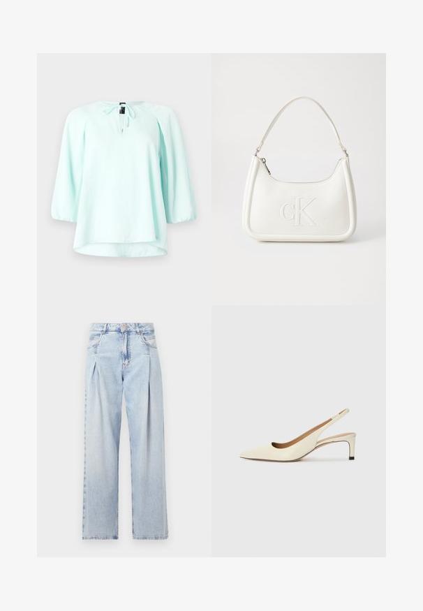 Lys mintgrønn bluse med trekvart ermer, rund hals, snor-detaljer og en litt buet kant. Glatt stofftekstur.; Lyseblå denimjeans med høy livlinje, vide ben, to sidelommer og plisserte detaljer. Myk tekstur med en falmet finish.; Sko med spiss tå og slingback i off-white skinn, med lav hæl og utskårent design, med en glatt tekstur og minimale detaljer.; Hvit lærveske med en buet fasong, med et preget "CK"-logo på forsiden og en enkel skulderstropp. Glidelåslukking på toppen.