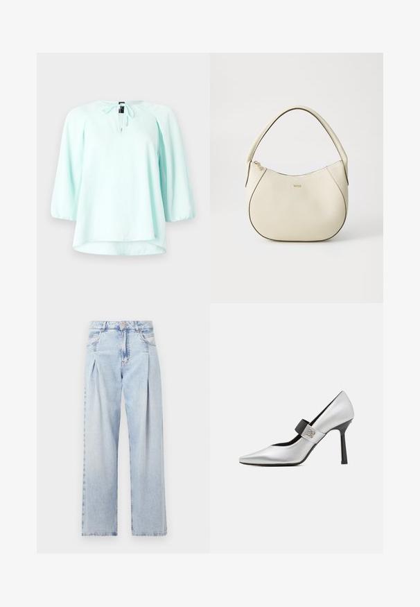 Light mint green blouse with three-quarter sleeves, a round neckline, drawstring accents, and a slightly curved hem. Smooth fabric texture.; Light blue denim jeans with a high waist, wide-leg cut, two side pockets, and pleated design feature. Soft texture with a faded finish.; Silver leather high-heeled shoe with a pointed toe, black strap accent, and glossy finish, featuring a sleek silhouette and thin heel.; Cream-colored handbag with a textured finish, curved shape, short handle, and gold-tone logo detail. Zipper closure at the top.