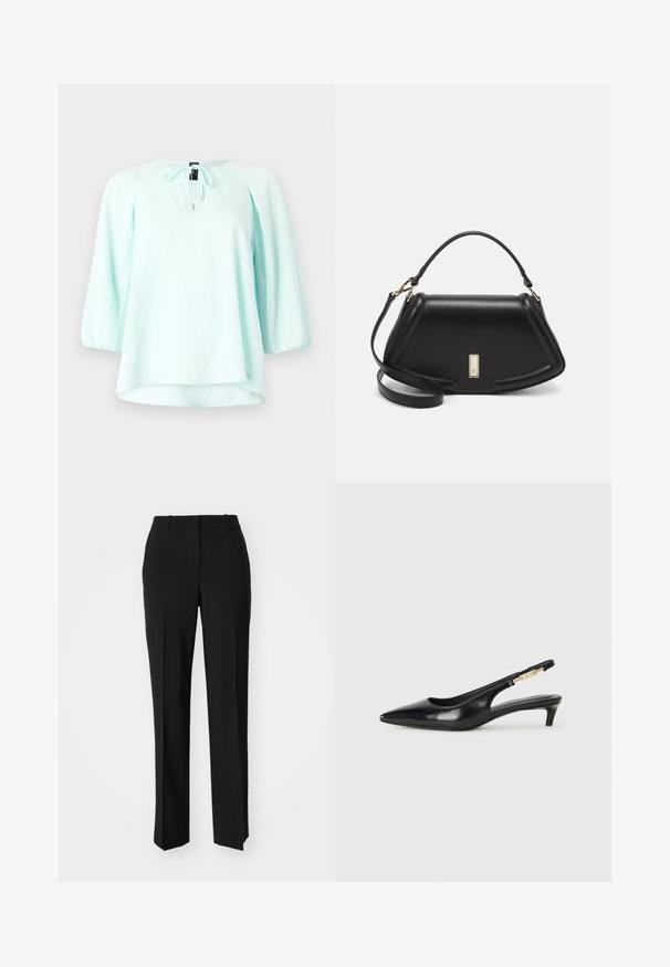 Ljus mintgrön blus med trekvart ärmar, rund halsringning, dragskoaccenter och en lätt rundad nederdel. Slät tygtextur.; Svarta skräddarsydda byxor med rak benform, med en slät yta och skarpa veck fram. Ingen synlig hårdvara.; Svart läder slingback-hälar med spetsig tå, med en smal klack och en guldtonad detalj på den justerbara remmen. Slät textur.; Svart läderhandväska med en strukturerad design, som har en avskuren form, ett handtag upptill och guldiga detaljer. Justerbar axelrem ingår.