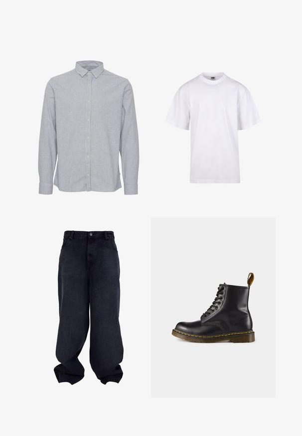 Stribet skjorte i blå og hvid. Har krave, lange ærmer og en lige kant. Fremstillet af letvægtsstof med en glat overflade.; Hvid bomulds T-shirt med rund halsudskæring, korte ærmer og en afslappet pasform. Har et enkelt design uden mønstre eller dekorationer.; Sorte denim bukser med bred benvidde, glat tekstur, fem lomme-design og knaplukning. Har en afslappet pasform og tapered bund.; Sort læder ankelstøvle med gul syning, snørebånd foran, rund tå og en struktureret gummisål. Har en løkke bagpå.