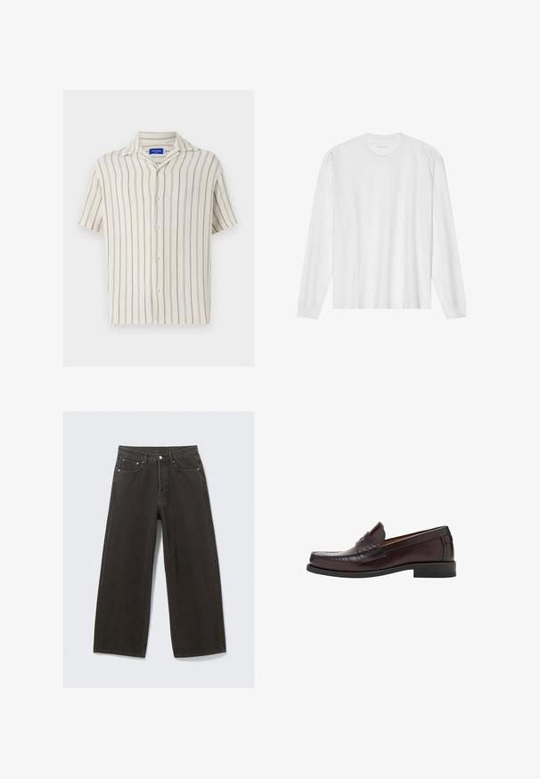 Short-sleeve shirt in cream with fine vertical stripes. Features a button-down front and a classic collar, crafted from textured fabric.; White long-sleeve cotton t-shirt with a crew neck, featuring ribbed cuffs and a straight hem, smooth texture, and minimalistic design.; Wide-leg black denim jeans feature a high waist, five-pocket design, and a button-fly closure. The fabric has a soft, textured finish.; Brown leather loafers with a rounded toe, decorative stitching on the front, and a flat rubber sole for support and durability.