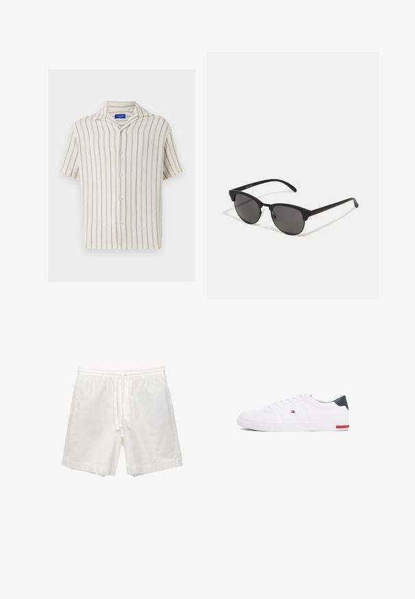 Cămașă cu mânecă scurtă în nuanța crem, cu dungi verticale fine. Are un închidere cu butoni pe față și un guler clasic, realizată dintr-un material texturat.; Șorturi albe din bumbac, cu talie elastică și șnur, buzunare laterale și croială dreaptă cu tiv terminat.; Adidași albi cu vârf jos, din piele netedă. Prezintă un toc albastru marine și un accent roșu pe talpă. Șase gauri pentru șireturi.; Ochelari de soare negri cu lentile rotunde, finisaj mat și o formă distinctivă de cat-eye. Brațe subțiri cu un branding subtil pe templul stâng.
