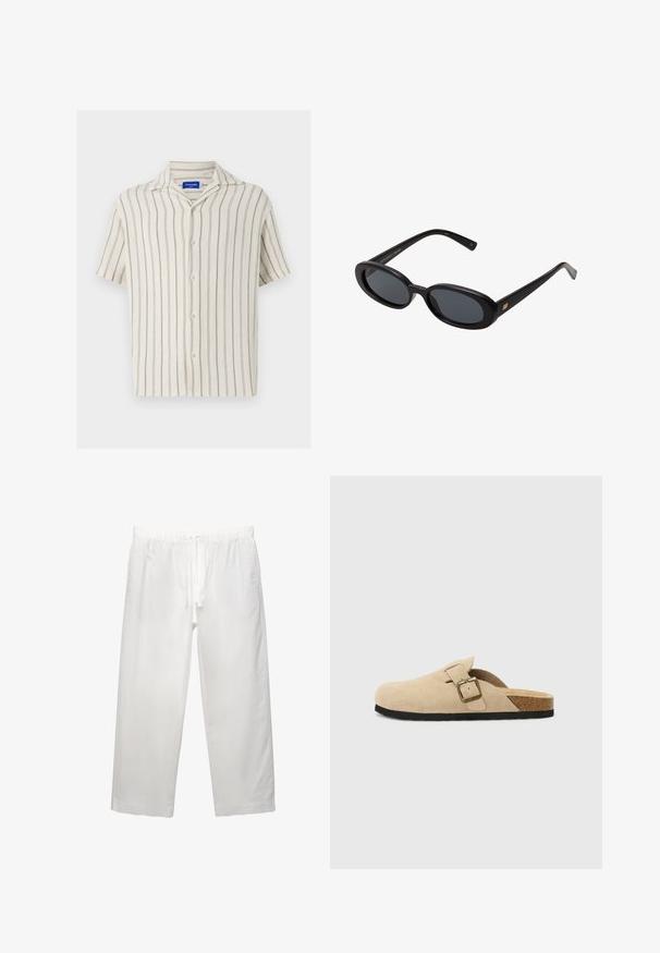 Krém színű, rövid ujjú ing finom függőleges csíkokkal. Gombos elülső résszel és klasszikus gallérral rendelkezik, texturált anyagból készült.; Fehér vászon nadrág, amely rugalmas derékpánttal és húzózsinórral rendelkezik, széles szárú kialakítással és tiszta varrásokkal. Simogató textúra, laza illeszkedés.; Beige színű velúr klumpák, parafa talppal, kerek orral és egy egyszerű pánttal, amely arany színű csattal rendelkezik. A gumi talp jó tapadást biztosít.; Fekete, oversize napszemüveg ovális lencsékkel, sima műanyag kerettel és arany részletekkel a fülpánton. Sötét lencséi védelmet nyújtanak a napfény ellen.