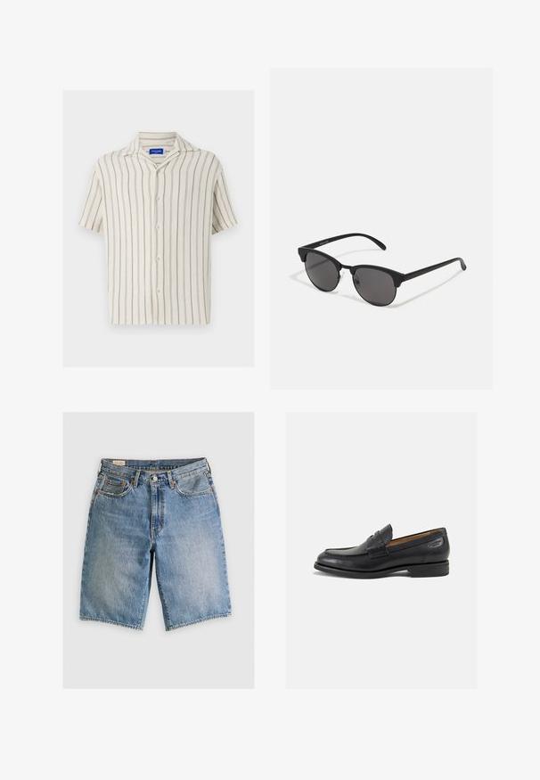 Camicia a maniche corte color crema con fini righe verticali. Presenta una chiusura frontale con bottoni e un colletto classico, realizzata in tessuto texture.; Shorts in denim azzurro chiaro con taglio classico. Presentano cinque tasche, dettagli di cucitura arancione e orli a taglio vivo.; Mocassini in pelle nera con finitura liscia, punta arrotondata e cuciture decorative sulla tomaia. Tacco basso impilato e leggero lucido.; Occhiali da sole neri con lenti rotonde, finitura opaca e forma distintiva a occhio di gatto. Astine sottili con un branding discreto sulla tempia sinistra.