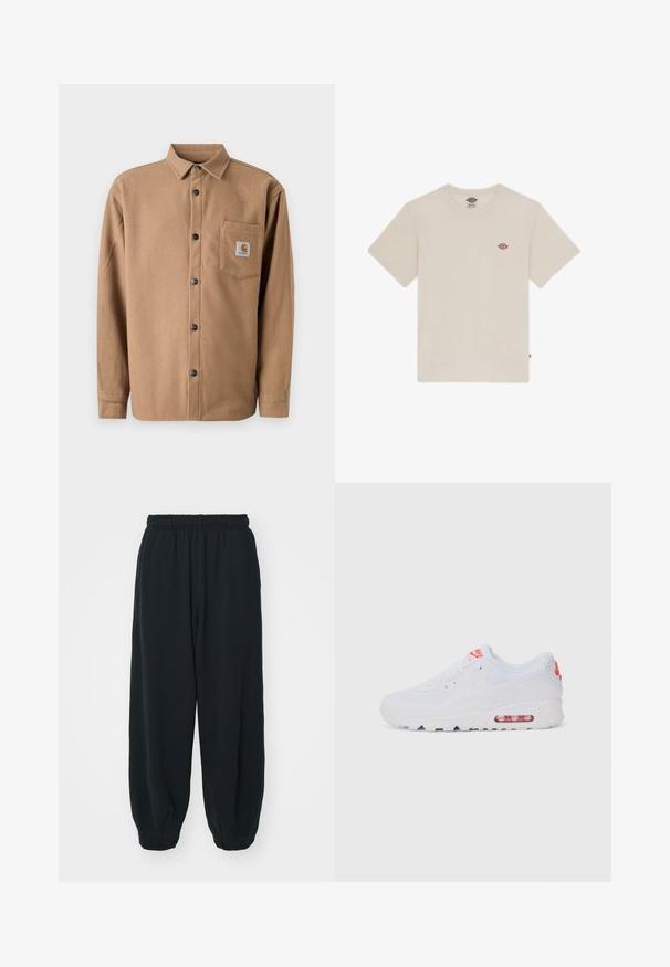 Rudas flanelinis marškinis su sagčių užsegimu, ilgomis rankovėmis, vienu krūtinės kišenėje su logotipo siuvinėjimu ir juodomis sagomis. Minkšta tekstūra.; Grietos spalvos medvilninis marškinėliai su trumpomis rankovėmis, apvaliu iškirpimu ir mažuoju daugiakoloriniu siuvinėtu logotipu krūtinėje.; Juodi, su elastiniu juosmeniu sportiniai kelnės su laisvu siluetu, suapvalintais kulkšnimis, lygia tekstūra ir be matomų raštų ar metalinių akcentų.; Baltos sportinės sneaker'iai, turintys lygų paviršių, raištelių uždarymą, paminkštintą padą ir matomą oro vienetą su raudonomis akcentais ant prekės ženklo.