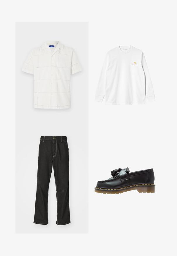 Kurzärmliges, weißes Hemd aus Stoff mit einem strukturierten Karomuster. Verfügt über einen Kragen und eine durchgehende Knopfleiste, mit dezenten Nähdetails.; Langärmliges weißes Baumwoll-T-Shirt mit Rundhalsausschnitt, das auf der linken Brust ein kleines gelbes und burgunderrotes Logo trägt. Nahtlose Bündchen und Saum.; Schwarze Denim-Jeans mit lockerer Passform, kontrastierenden weißen Nähten, einem Knopfverschluss und geradem Bein.; Schwarze Lederloafer mit strukturiertem Finish, ausgestattet mit einer dekorativen Quaste und kontrastierenden gelben Nähten, auf einer klobigen, transparenten Sohle.